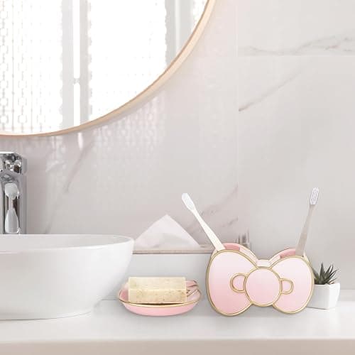 Jay Franco Hello Kitty Bathroom Accessories - 2 Piece Pink Resin Bathroom Décor and Storage Set Includes Toothbrush Holder and Soap Dish thumbnail 2