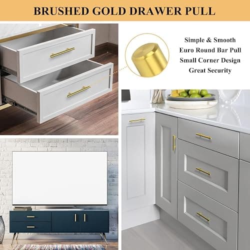 Plustool 30Pack 3''Hole Centers Gold Cabinet Handles-Brushed Brass Cabinet Pulls Gold Dresser Drawer Pulls-Stainless Steel Door Hardware for Kitchen Bathroom Bedroom Furniture-5''Overall Length thumbnail 5
