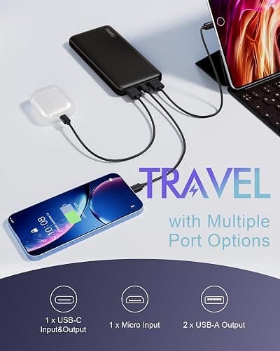 Miady 2-Pack Portable Charger, Slim 10000mAh Power Bank Travel Battery Pack | Dual USB丨3 Outputs 2 Inputs丨for Backpack Travel Camping丨Slim丨Compatible with iPhone Android etc丨Flight-Safe丨37Wh丨Black+White thumbnail 2