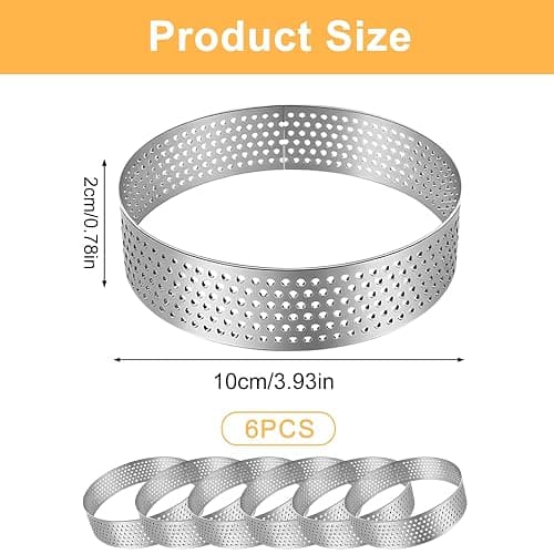 HX-pyahgtv 6 Stück Mousse Tartelette Förmchen, 10 cm Perforierte Dessertringe, Crumpet Rings für Mousse Torten Minikuchen Mini-Pizzen Pie Quiche, Hochwertige Backringe für Kochen & Backe thumbnail 3