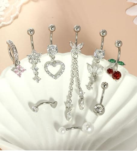 TIANCI FBYJS Belly Button Ring Dangle Surgical Stainless Steel Clicker Belly Rings 14G Floating Belly Piercing Cute Cherry Butterfly Heart Navel Ring Belly Button Piercing Jewelry Barbell for Women thumbnail 5