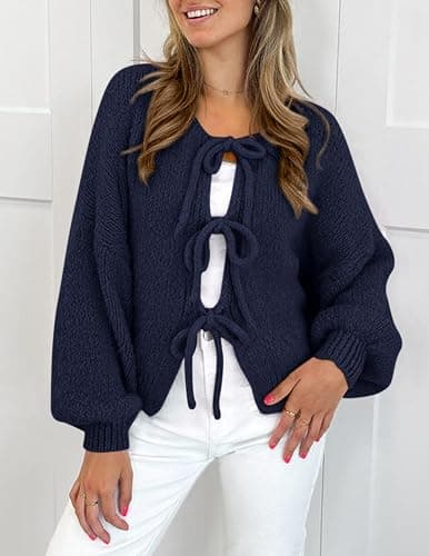PRETTYGARDEN Women's Tie Front Bow Cardigan Sweaters Chunky Knit Long Puff Sleeve Trendy Fall Winter Jacket Coats thumbnail 3
