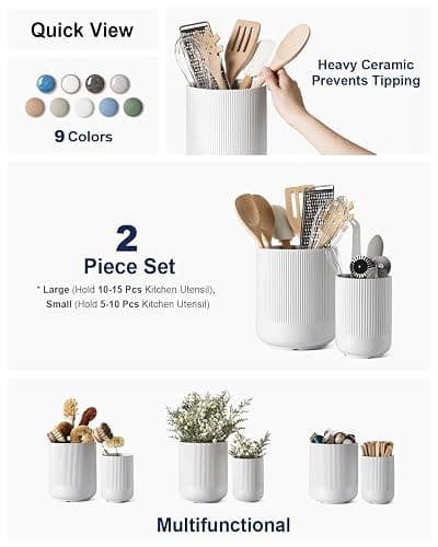 LE TAUCI Utensil Holder, 7.3"+5.4" Ceramic Kitchen Utensil Holder for Countertop, Large Cooking Utensil Crocks for Kitchen Counter Decor, Morden Utensil Organizer for Spatula, Set of 2, White thumbnail 4