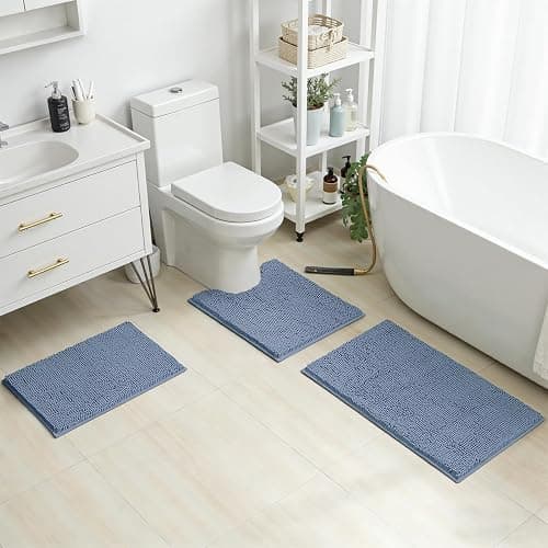 HOMEIDEAS 3 Pieces Bathroom Rugs, Ultra Soft Non Slip Absorbent Chenille Toilet Bath Mat Set (Grey Blue) thumbnail 2