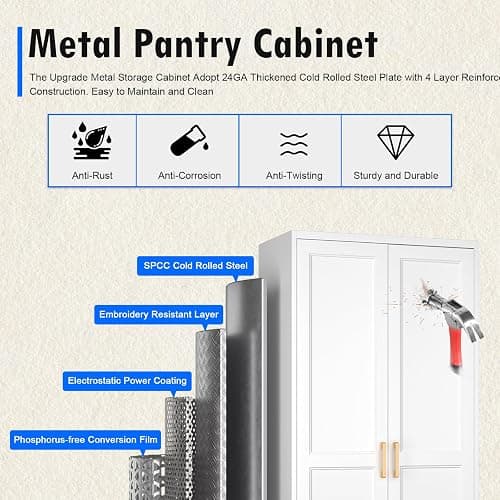 Polup White Kitchen Pantry Cabinet, 71 Inch Tall Metal Storage Cabinet with Doors and Shelves, Pantry Cabinets for Kitchen Storage, Freestanding Cupboard for Living, Dining Room, Assemble Required thumbnail 4
