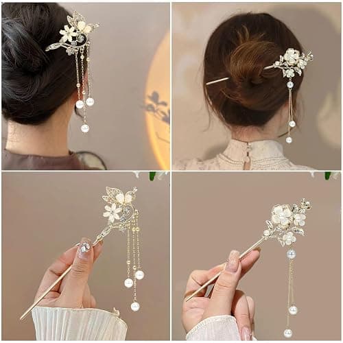 2Packs Lily of the Valley Chinese Hair Sticks for Buns, Pearl Flower Vintage Metal Hair Chopsticks for Women and Girls Dangle Tassel Pendant Hair Accessories Hanfu Handmade Decor Hairpin (beige) thumbnail 2