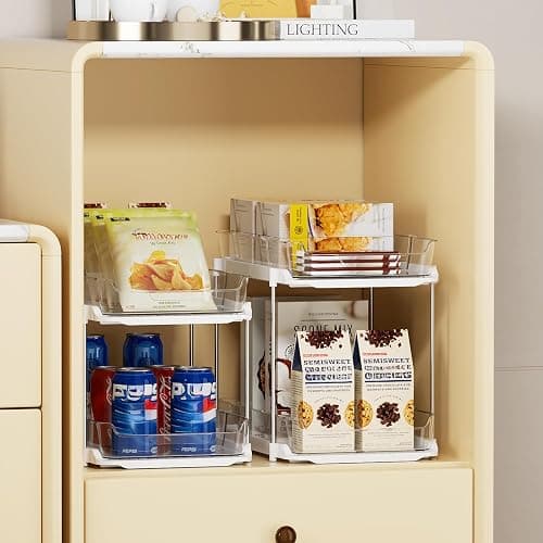 Delamu 4 Pack 2-Tier Bathroom Under Sink Organizers and Storage, Multi-Purpose Stackable Pantry Organization and Storage, Pull Out Clear Kitchen Bathroom Cabinet Organizer with Movable Dividers, White thumbnail 3
