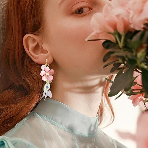 NEWITIN 3 Pairs Flower Clip On Earrings for Women Hypoallergenic Earring Pearl Leaf Floral Tassel Earring Non Piercing Clip on Long Flower Dangle Earrings for Women thumbnail 5