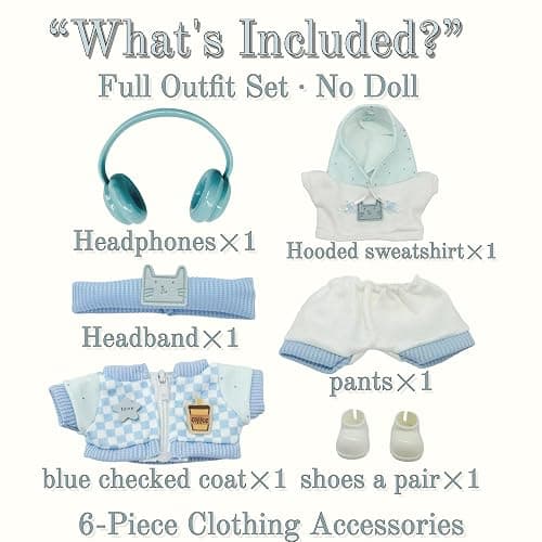 Blue Hoodie Outfit Set for 17cm / 6.69in Doll – Casual Streetwear Clothes with Headphones, Plaid Jacket, Pants and Shoes – (Doll Not Included) thumbnail 7
