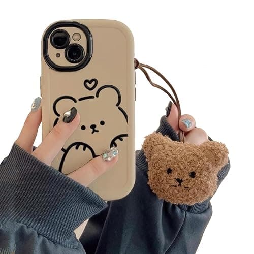 Cute Brown Teddy Bear Pattern Phone Case with Kawaii 3D Cartoon Bear Hangings iPhone 15, Non-Slip Design and Shock Absorption, Phone Case for Teen Girls, Boys, Women and Men(iPhone - 15) - Image 1