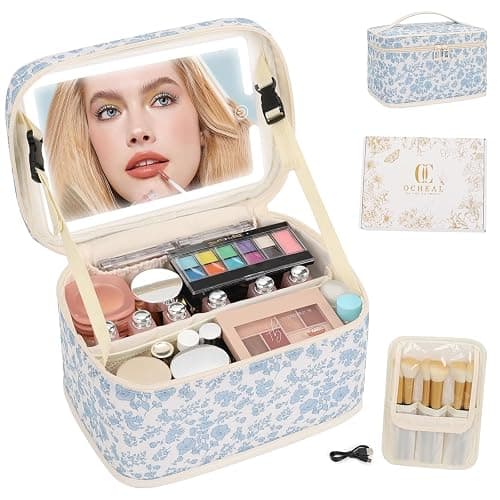 Makeup Bag With LED Mirror, Lightweight Travel Makeup Bag With 3 Color Setting Light Up Mirror Cosmetic Makeup Organizer Vanity Case for Women Beauty Tools Accessories Rechargeable Train Case-Floral - Image 1