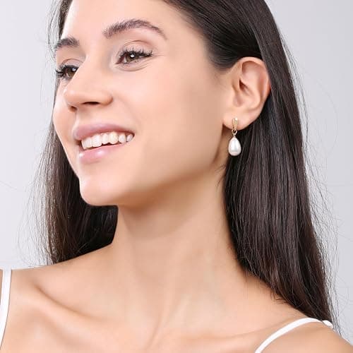 14k Gold Plated Lightweight Pearl Earrings,Trendy Jewelry,Teardrop Hoop Earrings for Women,Pearl Drop Earrings,Elegant Jewelry for Gifts thumbnail 2