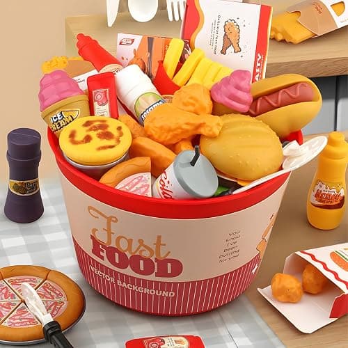 Hydeem 80 Pcs Pretend Play Food Toy for Kids Kitchen Aged 3 4 5, Fast Food Set with Storage Bucket, Pizza, Burger, Ice Cream, Hot Dog, Educational Birthday Toy Gift for Boys Girls thumbnail 7