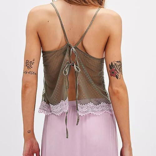 Women's Y2K Lace Trim Vest Tank Tops Front Tie Button Front Going Out Crop Top Cute Summer Mesh Cami Shirt Blouse thumbnail 4