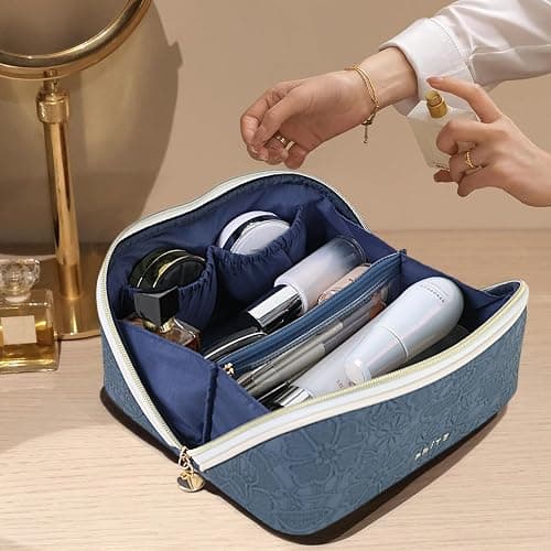 Prite Travel Cosmetic Bag Makeup Organizer Bag for Women Large Capacity Waterproof PU Leather Toiletry Bag with Handle and Clear Divider(Blue Flower) thumbnail 9