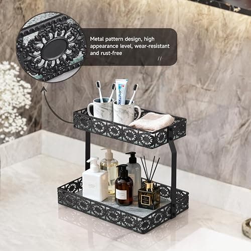 xiaojuande-Two Layer Glass Storage Tray with Portable Dressing Table Skin Care Product Organization Rack Corner Storage Rack for Bathroom Counter High-end Light - (Black) thumbnail 6