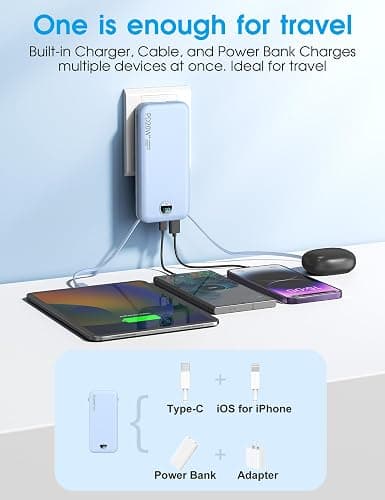 citicr Portable Charger 10000mAh PD20W w/Built-in Cables & Wall Plug Blue | Fast charging, Built-in wall plug, LED display, Charge 5 devices at once, Pass through charging, TSA approved, Pocket size thumbnail 4