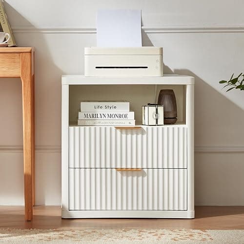 LEYAOYAO Fluted Nightstand with Charging Station, 23" Wide 2 Drawers End Table,White Night Stand with Open Storage Cabinet, Farmhouse Bed Side Tables, Wood Dresser for Bedroom, Living Room, Closet thumbnail 2