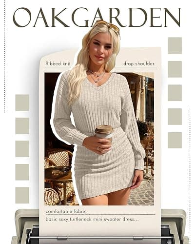 Oakgarden Women's Pullover Sweater Dress Long Lantern Sleeve Ribbed Knit V Neck Ruched Bodycon Mini Dress 2025 Fashion thumbnail 3