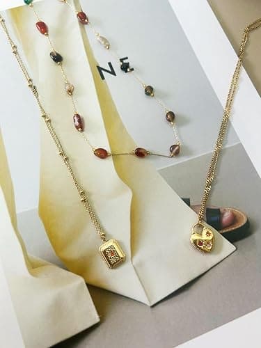 UniLogue Fashion Versatile Stainless Steel 18K Gold Plated Pink Zircon Love Lock Square Pendant Star Gold Necklace Natural Stone Beads Jewelry thumbnail 4
