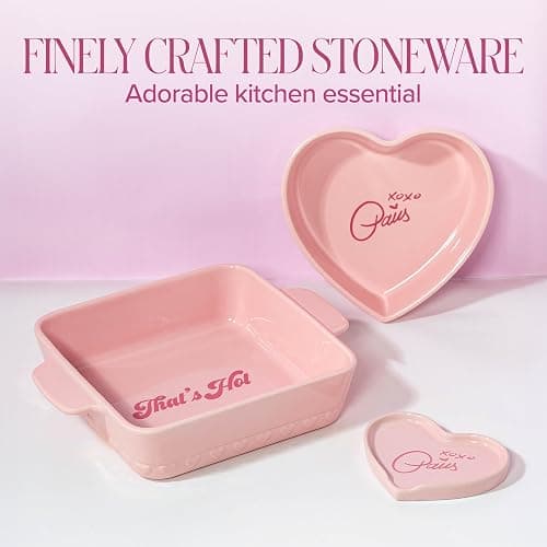 Paris Hilton 3-Piece Ceramic Baker Set, Iconic Stoneware with Square & Heart Bakers and Spoon Rest, Microwave/Oven/Freezer Safe, Durable Bakeware for Everyday Cooking & Serving, Pink thumbnail 4