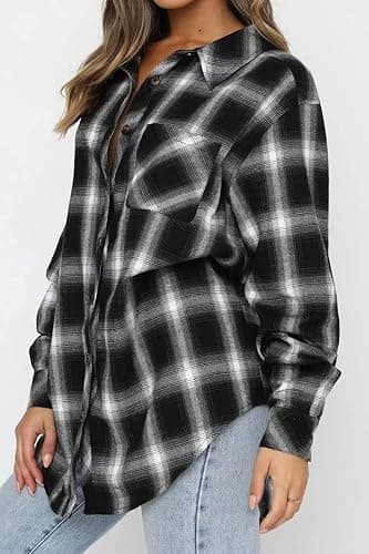 CHYRII Womens Button Down Flannel Shirts Long Sleeve Plaid Shackets Business Casual Blouse Top thumbnail 6