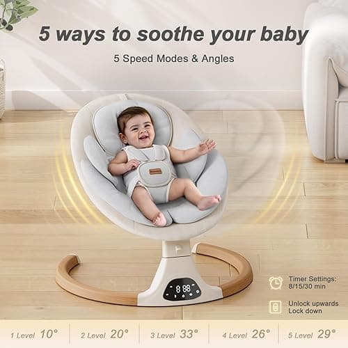Baby Swings for Infants, Monamii Baby Swing, Bluetooth Infant Swing with Music Speaker, 5 Speeds and Remote Control, Indoor & Outdoor Use (Beige) - Beige thumbnail 4