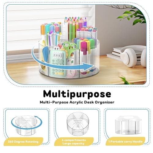 SUPEASY Acrylic Rotating Pencil Holder, 360° Clear Pen & Marker Organizer | Crayon Art Supply Organizer with 6 Compartments and Carry Handle for Desk, Home, Office, Classroom thumbnail 3