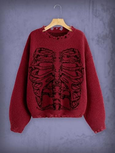 SHENHE Women's Oversized Skeleton Pattern Ripped Round Neck Sweater Pullover thumbnail 2