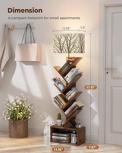 Evermagin Tree Bookshelf with Light, 6 Tier Small Bookcase, Narrow Floor Standing Book Tower Organizer with Storage Cabinet for Living Room, Bedroom and Home Office, Rustic Brown thumbnail 2