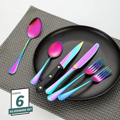 A · HOUSEWARE Rainbow Silverware Set For 4 Cutlery Stainless Steel Flatware 24 Piece Colorful Knives Fork Spoon Dishwasher Safe Eating Utensils For Festival Parties Restaurant thumbnail 6