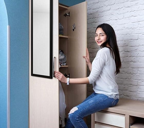HUAYDYRON 14.25 X 50.25 Inch Over-The-Door Rectangular Full Length Mirror, Space Saving Hanging Mirror with Improved Frame and Hanging System, Tool Free Installation for Bedroom and Dorm(Black) thumbnail 8