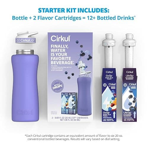 Cirkul 32oz. Matte Periwinkle Stainless Steel Water Bottle Starter Kit with Periwinkle Lid, 2 Flavor Cartridges (1 LifeSip Blackberry Blueberry, 1 GoSip Berry Blue Punch) No Sugar, Zero Calorie Drink Mix thumbnail 4