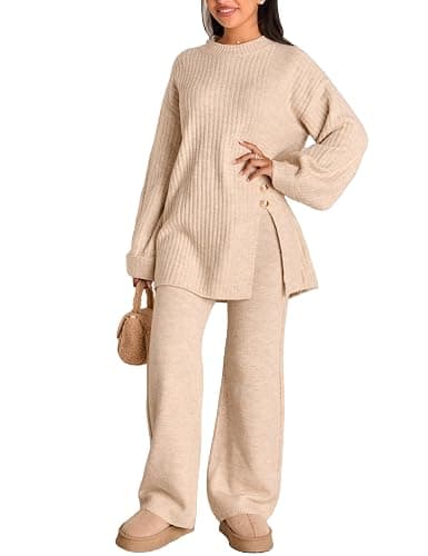 HYLLGUD Womens Sweater Sets 2 Piece Outfits round neck Pullover Wide Leg Pant Slouchy Loungewear - Image 1