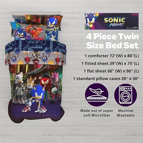Sonic The Hedgehog Prime Anime Kids Bedding Super Soft Comforter and Sheet Set, 4 Piece Twin Size, (Officially Licensed Product) by Franco thumbnail 4
