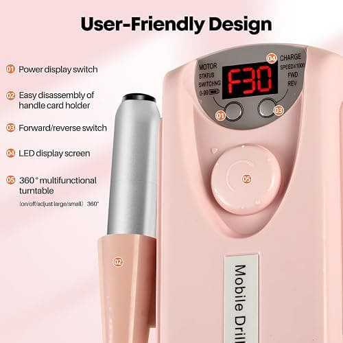 Droyek Electric Nail Drill Portable Nail Drill Professional 30000 RPM 13 Salon Quality Drill bits 50 Sanding Bands Portable & Low Noise for Acrylic Nails Gel Polishing Removing Bits Kit for Home Use thumbnail 5