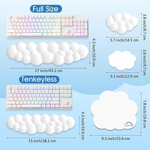Retuhapy Cloud Wrist Rest Keyboard Cushion, 4-in-1 Ergonomic Cloud Keyboard Wrist Rest and Mouse Pad Set with Memory Foam Arm Support for Palm, Cute Desk Accessory for PC Gaming Setup, White thumbnail 2
