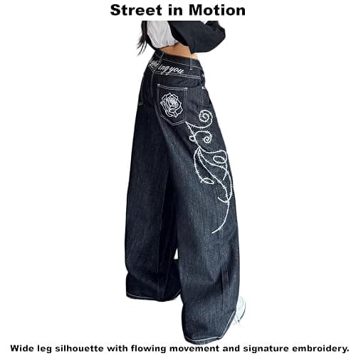 bestshark Baggy Women’s Wide Leg Jeans High Waisted Baggy Denim Pants Loose Fit Y2K Graphic Jeans Black thumbnail 4