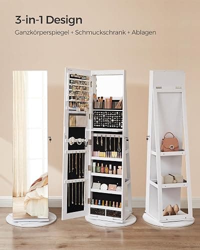 SONGMICS Schmuckschrank, Spiegelschrank, mit rahmenlosem Ganzkörperspiegel, 3 Ablagen, 360° drehbar, abschließbar, Oberfläche in Weiß, Innenfutter in Schwarz JJC007W01 thumbnail 4
