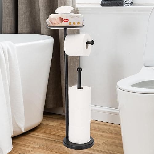 Sfemn Black Toilet Paper Holder Stand, Freestanding Toilet Paper Holder with Shelf for Small Items, Toilet Paper Stand with Storage Space for 4 Extra Toilet Paper Rolls - Black Matte - Image 1