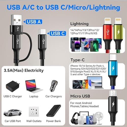 6 in 1 Multiple Charging Cable, 2Pack 6Ft Multi Chargers Cord for All Devices Braided USB A/C to Lightning/Type C/Micro USB Ports Universal Charger Cable for iPhone Series/Samsung/Tablets/PS and More thumbnail 4