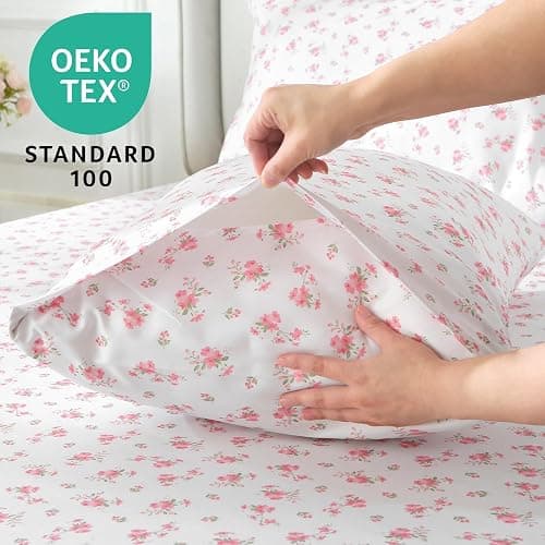 MUXHOMO Queen Size 4 Piece Sheet Set, Soft Breathable Bed Sheet Set for Bedroom with Deep Pocket Up to 16", Wrinkle-Free & Cooling Bedding for Oeko-TEX Certified - Blossoms Pink thumbnail 8