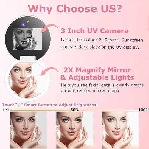 UV Camera for Sunscreen Test UV Mirror Sunscreen Camera, 3.8 Inch Rechargeable 2X Magnifying Vanity Mirror with Light Handheld Double-Sided Pocket Mirror for Skin Protection(White) thumbnail 3