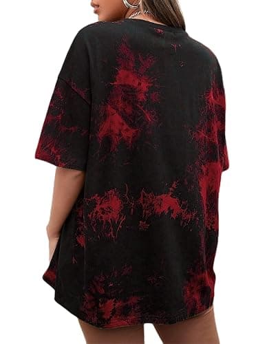 Remidoo Women's Casual Crewneck Short Sleeve Sun and Moon Print Tie Dye Oversized Graphic Top T-Shirt - Medium - Black Red-# thumbnail 2