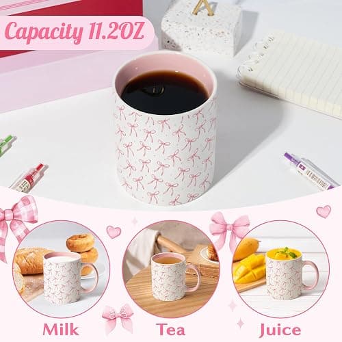 R HORSE Pink Bow Coffee Cup - 11.2oz Watercolor Ceramic Coffee Mug, Cute Tea Milk Cup for Office and Home, Aesthetic Christmas Birthday Gifts for Girls Teens Women Friends Mom thumbnail 4