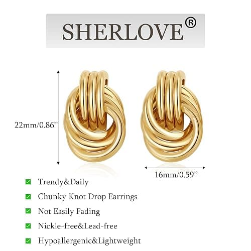 SHERLOVE Trendy Gold Plated Knot Earrings for Women Chunky Statement Drop Dangle Earrings Lightweight Hypoallergenic Fashion Accessories Gold Jewelry Gifts for Womens thumbnail 4