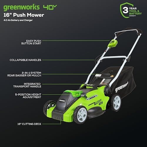 Greenworks 40V 16" (Push) Cordless Lawn Mower, 4.0Ah Battery (1/3 Acre, Push Button Start, Compatible with 75+ Tools) thumbnail 2