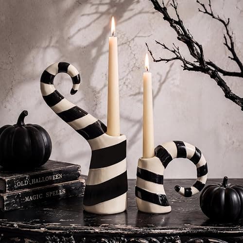 Mumufy 2 Pcs Halloween Black White Worm Theme Candle Holders Gothic Desktop Candle Holders Scary Movie Inspired Theme Table Centerpiece Decor for Halloween Haunted Graveyard Party Desktop Decorations - Image 1
