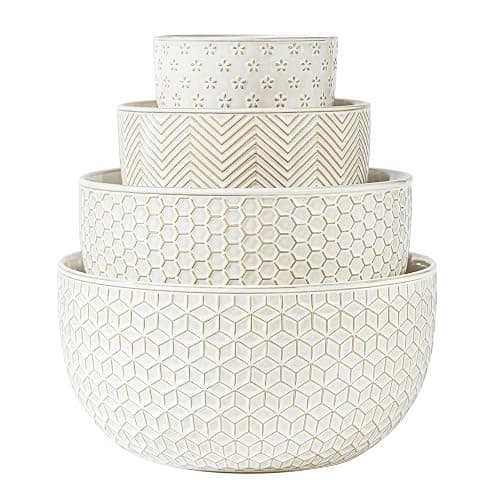 MIKIGEY Ceramic Mixing Bowls, Embossed Nesting Bowls Set of 4, Mixing Bowl Set for Serving, Baking, Cooking and Gift, Microwave and Dishwasher Safe, 20/47/99/148 oz, Off-White - Image 1