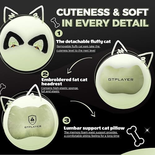 GTPLAYER Gaming Chair Cute with Cat Ears Ergonomic Computer Chair with Dog Embroidery Adjustable Memory Foam Lumbar Support and Headrest Comfortable Reclining Office Chair Soft Velvet Fabric for Women thumbnail 7